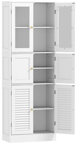 Armário de Casa de Banho Alto com Portas de Vidro Portas de Ripas e Prateleiras Ajustáveis 60x30x170 cm Branco