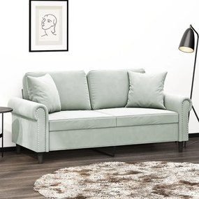 Sofá 2 lugares + almofadas decorativas 140cm veludo cinza-claro