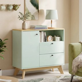 Aparador de sala 80 (L) x 35 (P) x 76,3 (A) cm, móvel de arrumação com porta, 2 gavetas, compartimento aberto e prateleira ajustável, verde claro e co