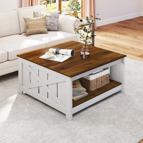Mesa de centro de 2 níveis com prateleira de armazenamento aberta quadrada para cocktails estilo 78 x 78 x 44 cm Branca e castanha