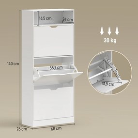 Sapateira Estreita com 3 Gavetas Rebatíveis Prateleiras Ajustáveis e Compartimento Aberto Capacidade para 12-18 Pares Branco