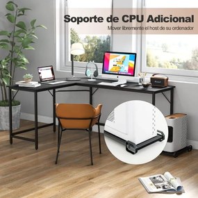 Secretária em forma de L com tomada eléctrica Suporte para CPU de 168 cm e estrutura metálica robusta para o escritório Preto