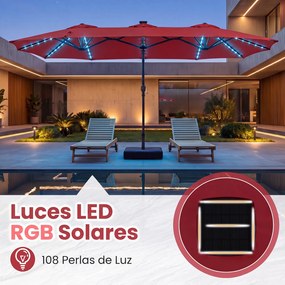 Guarda-sol Duplo Retangular de Exterior com base, 370 x 200 cm, 108 Luzes LED, Vermelho vinho