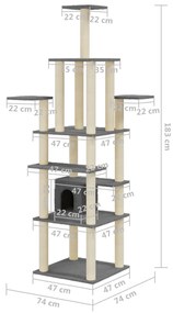 Árvore p/ gatos c/ postes arranhadores sisal 183cm cinza-escuro