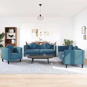 3209255 vidaXL 3 pcs conjunto de sofás com almofadas veludo azul
