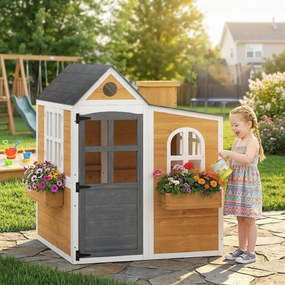 Casa de brincar infantil de madeira para exterior 125,5 x 119 x 126 cm, casinha infantil para exterior/interior com porta, janelas, 3 floreiras, amare