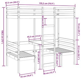 Cama alta c/ secretária/cadeiras 90x190 cm pinho maciço branco