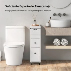 Armário de casa de banho móvel com rodas com gavetas deslizantes Cestos de vime extraíveis Suporte para escovas de sanita 50 x 19 x 72 cm Branco