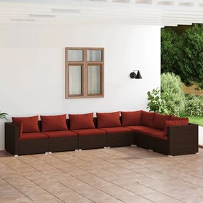 vidaXL 7 pcs conjunto lounge jardim c/ almofadões vime PE castanho