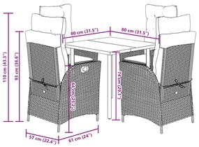 5 pcs conjunto de jantar p/ jardim com almofadões vime PE bege