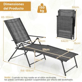 Conjunto de 2 espreguiçadeiras jardim dobráveis com encosto de 6 níveis Assento respirável Tecido Estrutura metálica 189 x 64 x 102 cm Cinzento