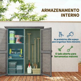 Armário de Jardim 0,83 m² 127x65x168 cm com 2 Portas de Persiana 2 Estantes e Telhado Impermeável Cinza