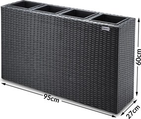 Pote com 4 vaso de flores em polyrattan 95 x 27 x 60 cm Preto