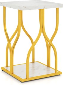 Mesa de apoio Quadrada, 39,5 x 39,5 x 59,5 cm, 2 Níveis de Arrumação imitação mármore, Dourado