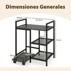Suporte para impressora 63,5 x 40 x 72 cm com estação de carregamento de 3 níveis com rodas bloqueáveis Preto