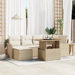 Conjunto de Sofá de Jardim de 7 Peças com Almofadas Bege Rattan Poliéster