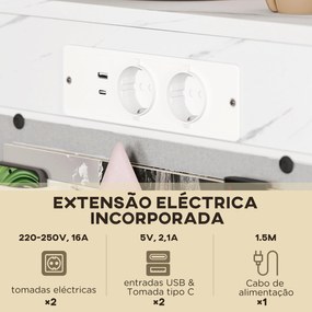 Mesa Auxiliar com Estação de Carga Mesa Lateral com 2 Entradas USB 1 Entrada USB-C e Bolsa Organizadora 25,5x40x71 cm Branco