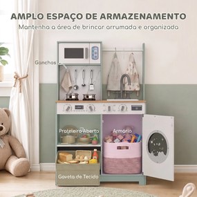 Cozinha de Brincar em Madeira com Lavandaria, Dispensador de Gelo, Gaveta em Tecido, Cabides e Acessórios em Aço Inoxidável, Verde