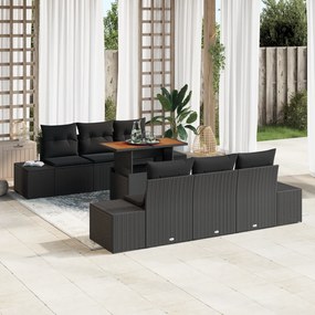 Conjunto de Sofá de Jardim de 7 peças com Almofadas Preto Rattan PE