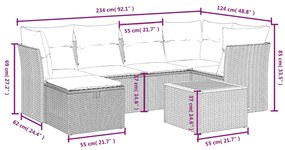 7 pcs conjunto sofás p/ jardim c/ almofadões vime PE cinzento