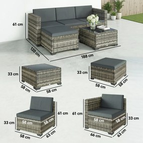 Conjunto de Jardim em Vime de 5 Peças Inclui Almofadas 2 Poltronas de Canto Poltrona sem Braços Apoia-Pés e Mesa de Centro Cinza Escuro