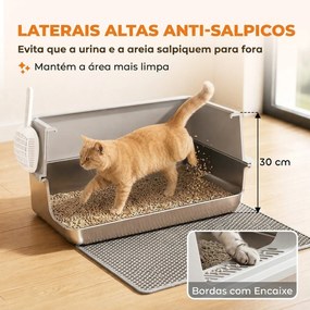 Caixa de Areia XL para Gatos em Aço Inoxidável com Rebordo Alto Pá Escova e Gancho Cinza Claro