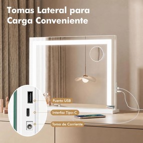 Espelho de Maquilhagem, 58 x 10 x 43 cm, Luz LED de 3 Cores, Branco