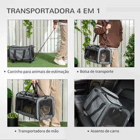 Transportadora para Animais de Estimação 4 em 1 com Rodas Bolsa de Transporte para Cães e Gatos 50x31x37 cm Cinza