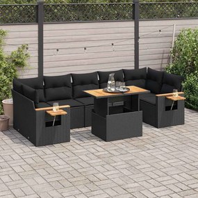 8 pcs conjunto sofás jardim com almofadões vime PE/acácia preto