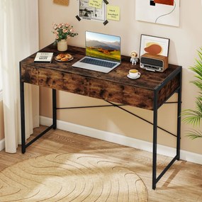 Secretária de escritório 111 x 48 x 76 cm com 2 gavetas, travessas reforçadas e suportes em X castanha