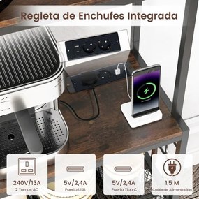 Garrafeira com tomada elétrica 75 x 33 x 165 cm, suportes para copos e chávenas, 3 prateleiras e 8 ganchos para cozinha, castanho