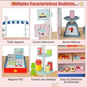 Carrinho brincar de comida e snacks para crianças 3+ anos com máquina POS Estante para bebidas Área de exposição Rodas