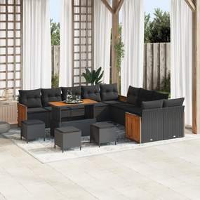 Conjunto de sofá de jardim vidaXL com 14 peças e almofadas Preto Vime