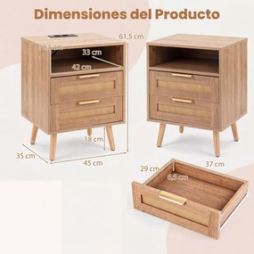 Conjunto de 2 Mesas de Cabeceira, 45 x 35 x 61,5 cm, Estação de Carregamento Integrada, Natural
