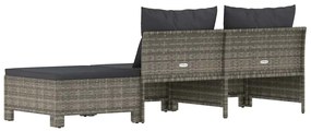 3 pcs conjunto lounge de jardim c/ almofadões vime PE cinzento
