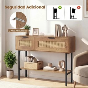 Mesa consola estreita em rattan PE 100 x 29,5 x 76 cm, com portas, prateleiras e estrutura metálica, para a sala de estar ou o hall de entrada Natural