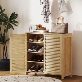 Armário para Sapatos de Bambu com Portas de Ripas Capacidade para 14 Pares Prateleiras Ajustáveis Madeira
