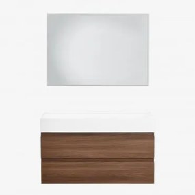 Conjunto De Móvel De Casa De Banho Suspenso Em Madeira E Folha De Freixo Com Lavatório Integrado Ona Madeira Escura & Led - Sklum