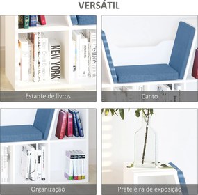 Estante para Livros com Banco Integrado e 6 Cubos com Assento 102x30x61 cm Branco e Azul