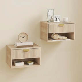 Conjunto de 2 Mesas de Cabeceira Suspensas com Gaveta e Prateleira Design Moderno 40x30x25 cm Cor Carvalho