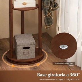 Cabide de madeira giratório de 167 cm para hall de entrada sala de estar com 3 Estantes 9 Ganchos para Casacos Bolsas Nogueira
