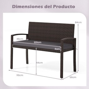 Banco jardim de vime para 2 pessoas 10 x 56 x 84 cm com almofada acolchoada, assento macio, encosto e apoios para os braços - castanho e cinzenta