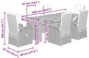 7 pcs conjunto de jantar p/ jardim c/ almofadões vime PE preto