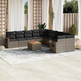 11 pcs conjunto sofás de jardim c/ almofadões vime PE cinzento