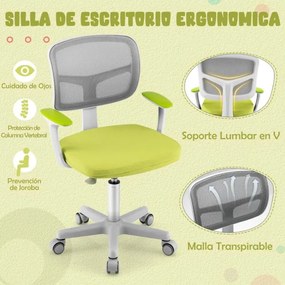 Cadeira de secretária ergonómica para crianças com rodas Cadeira giratória para computador Apoio lombar ajustável em altura Verde