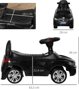 Carro Andador para Crianças com Faróis Música Buzina Volante Compartimento de Armazenamento 63,5x28x36 cm Preto