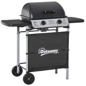 Outsunny Barbecue a Gás com 2 Queimadores 2,8 KW 2 Rodas 2 Mesas Laterais e Grelhas de Aço para Piquenique Campismo 104x49x99 cm Preto