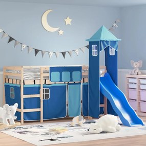 vidaXL Cama alta para criança com torre 80x200 cm pinho maciço azul