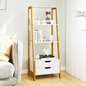 Estante em forma escada 52 x 39,5 x 134 cm com 4 prateleiras abertas e 2 gavetas Branco + Dourado