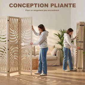 Biombo de interior em madeira com 6 painéis, 240 x 170 cm, dobrável e portátil, com padrão de folhas, design amovível, madeira natural